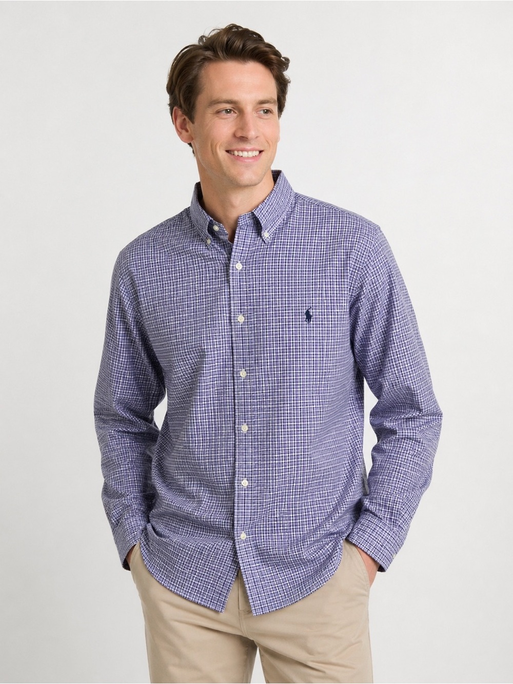 Polo Ralph Lauren Shirt Mens L Purple Plaid Button Down Cotton Stretch